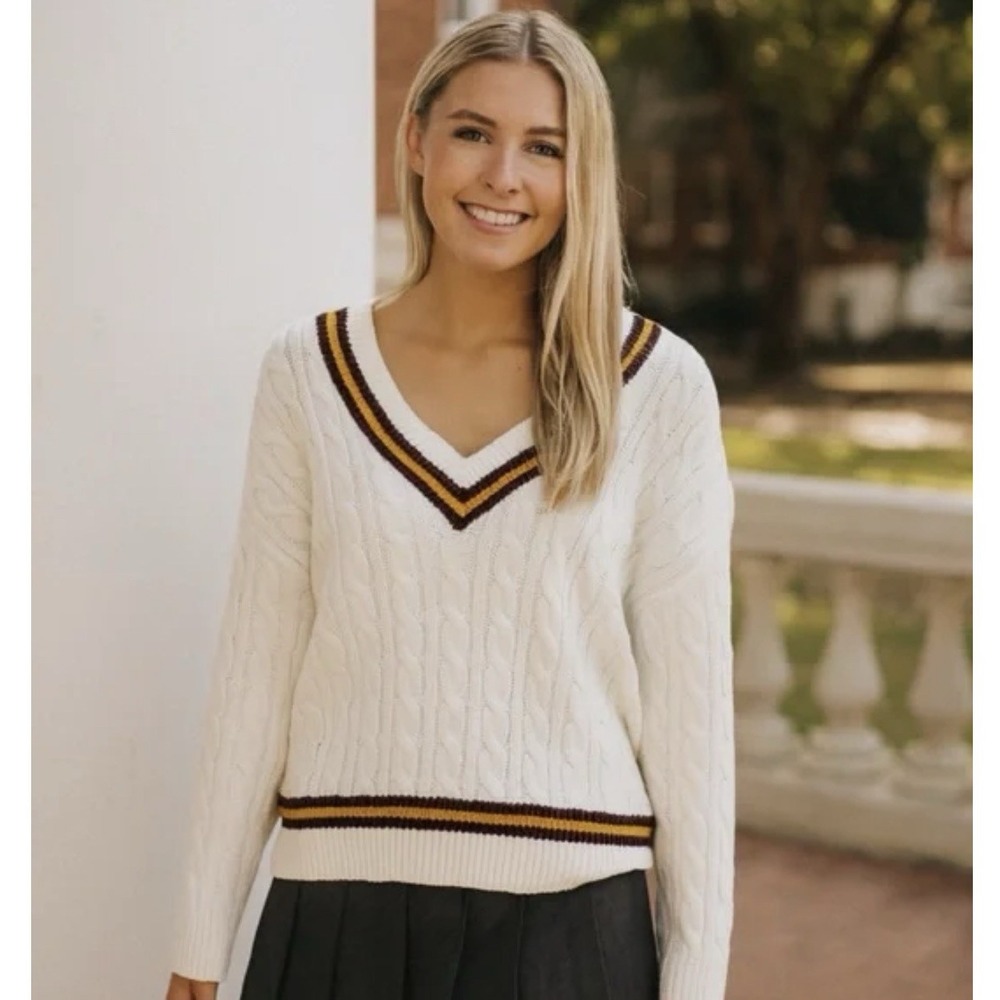 1.STATE‎ Womens White Cable Knit Varsity V-Neck Striped Trim Sweater Large